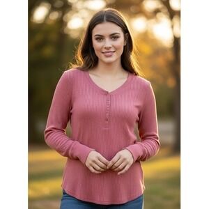 Women T-Shirt Seven7 Women's Long Sleeve‎ Snap Waffle Henley Small Red